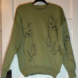 Green Cat Print Sweater